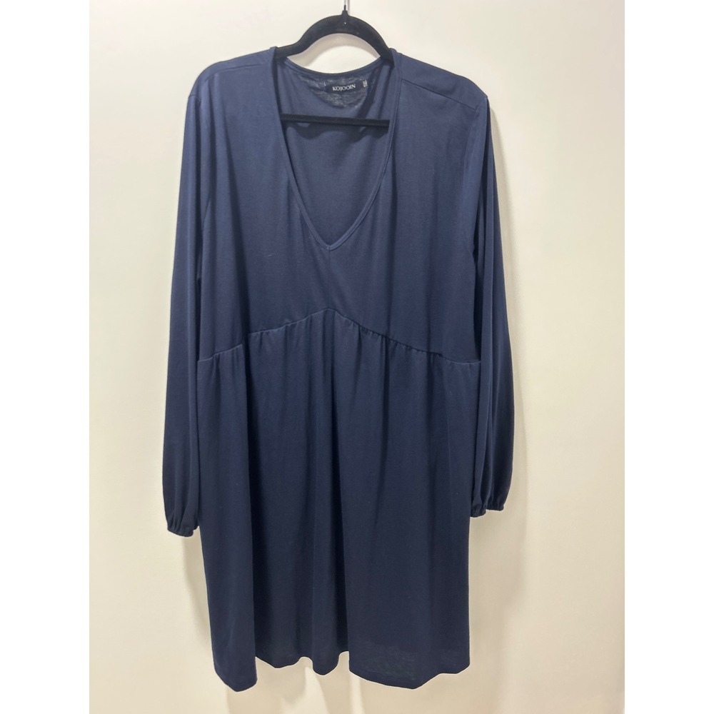 Kojooin Navy Blue Comfy Empire Waist V-Neck Long Sleeve Dress Plus Size 5XL